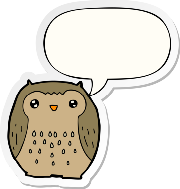 Bir insan tarafından çizilmiş konuşma kabarcığı çıkartmalı sevimli çizgi film baykuşu.