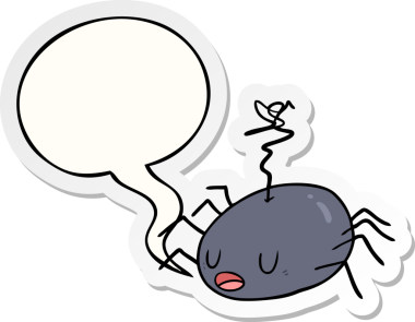 Bir insan tarafından çizilmiş konuşma balonu çıkartmalı cadılar bayramı örümceği çizgi filmi.