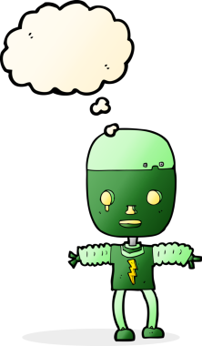 Bir insan tarafından çizilmiş düşünce baloncuklu çizgi film robotu