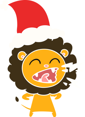Kükreyen bir aslanın insan tarafından çizilmiş Noel Baba şapkası giymiş düz renk çizimi.