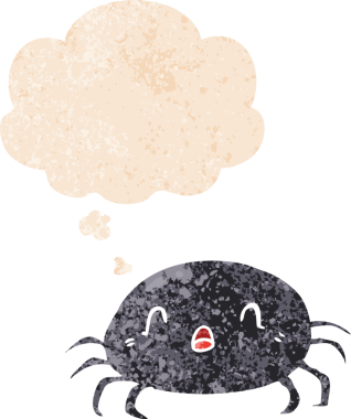 Homurdanan düşünce baloncuklu çizgi film örümceği bir insan tarafından çizilmiş dertli retro dokuma tarzı