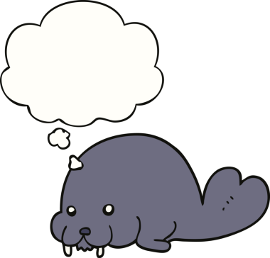 Bir insan tarafından çizilmiş düşünce baloncuklu şirin bir mors.