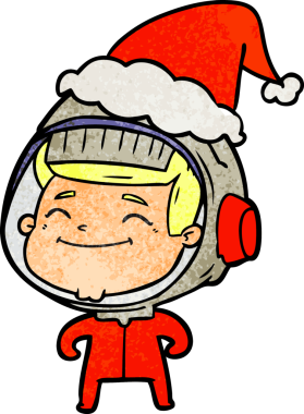 Bir insan tarafından çizilmiş Noel Baba şapkası giymiş bir astronotun çizilmiş mutlu el çizimi karikatürü