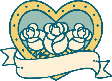 İkonik dövme stili bir kalp ve bir insan tarafından çizilmiş çiçekli pankart.