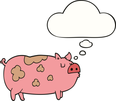 Bir insan tarafından çizilmiş düşünce balonlu çizgi film domuzu.