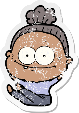 Bir insan tarafından çizilmiş mutlu, yaşlı bir kadının sıkıntılı çıkartması.