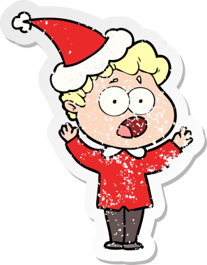 Bir insan tarafından çizilmiş Noel Baba şapkası giymiş, şaşırmış bir adamın el çizimi karikatürü.