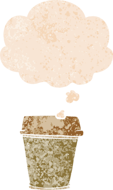 Çizgi filmdeki kahveyi dışarı çıkar. Düşünce baloncuğu ve grunge dertli retro desenli bir insan çizimi.