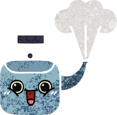 Bir insan tarafından çizilen dumanı tüten bir çaydanlığın retro çizim tarzı karikatürü