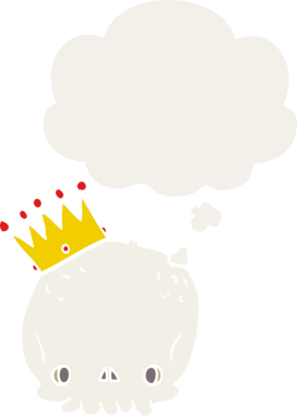 Düşünce baloncuğu ile taçlı karikatür kafatası insan tarafından çizilmiş.