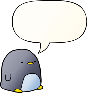 Bir insan tarafından çizilmiş düzgün eğimli konuşma baloncuğu olan sevimli penguen çizgi filmi