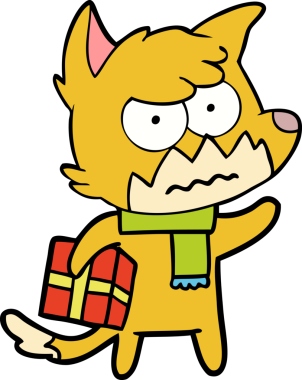 Bir insan tarafından çizilmiş bir hediye taşıyan kızgın tilki.