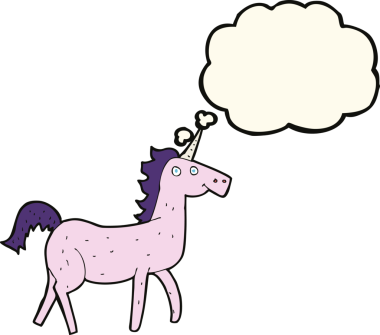 Bir insan tarafından çizilmiş düşünce baloncuklu tek boynuzlu at.