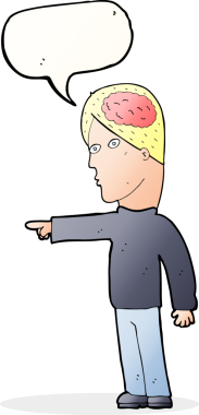 Bir insan tarafından çizilmiş konuşma baloncuğuyla işaret eden akıllı bir çizgi film.