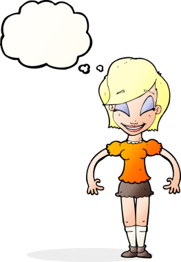 Bir insan tarafından çizilmiş düşünce baloncuğu olan güzel bir kadın.