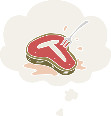 Düşünce baloncuklu karikatür bifteği insan tarafından çizilmiş.