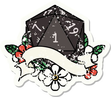 Bir insan tarafından çizilmiş doğal bir d20 zarının grunge çıkartması.