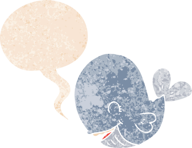 Bir insan tarafından çizilmiş grunge dertli retro tarzı konuşma balinası ile çizgi film balinası