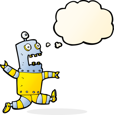 Bir insan tarafından çizilmiş düşünce baloncuklu korkmuş robot çizgi filmi.