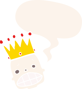 Bir insan tarafından çizilmiş eski moda konuşma baloncuğu ile taçlı tuhaf kafatası çizimi.