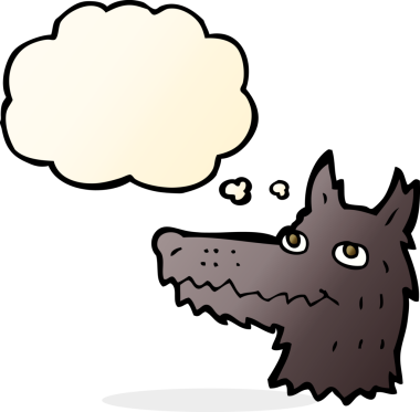 Bir insan tarafından çizilmiş düşünce balonlu bir kurt kafası.