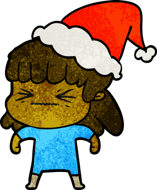 Bir insan tarafından çizilmiş Noel Baba şapkası giyen bir kadının el çizimi karikatürü.