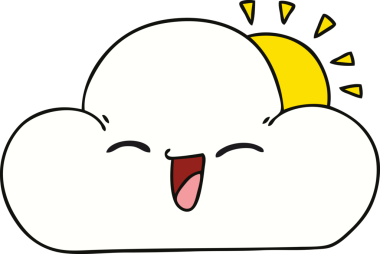 Bir insan tarafından çizilmiş garip bir çizgi film güneşi ve mutlu bulut.