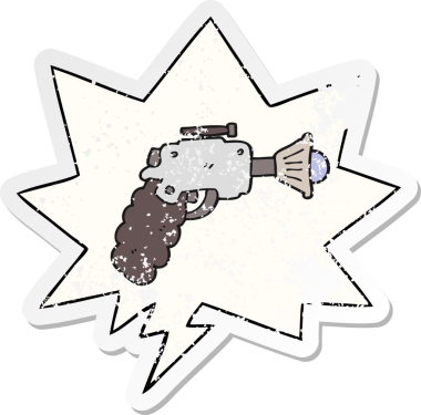 Konuşma balonlu karikatür ışın tabancası bir insan tarafından çizilmiş sıkıntılı eski bir çıkartma