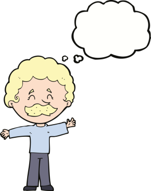 Bir insan tarafından çizilmiş düşünce balonlu bıyıklı çizgi film çocuğu.