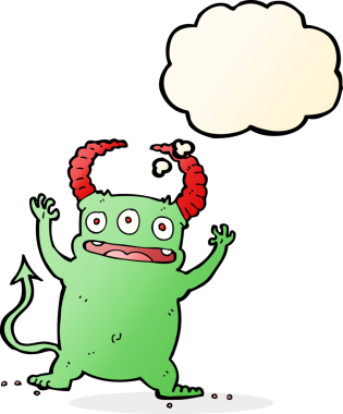 Bir insan tarafından çizilmiş düşünce baloncuğu olan küçük bir şeytan.