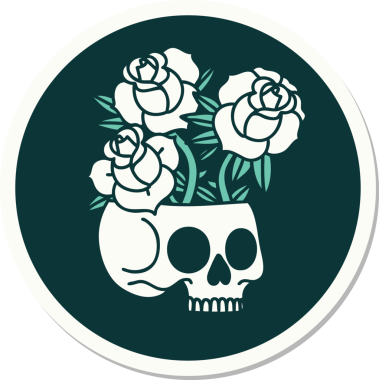 Bir insan tarafından çizilmiş, geleneksel bir kafatası ve gül stili dövme çıkartması.