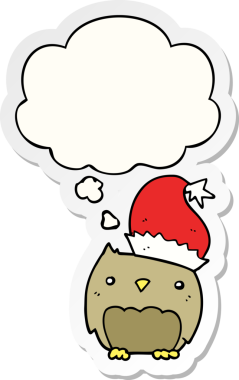 Bir insan tarafından çizilmiş bir çıkartma olarak düşünce baloncuğu olan şirin noel baykuşu.