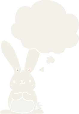 Düşünce baloncuklu çizgi film tavşanı insan tarafından çizilmiş.