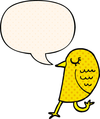 Bir insan tarafından çizilmiş çizgi roman tarzında konuşma baloncuğu olan çizgi film kuşu.