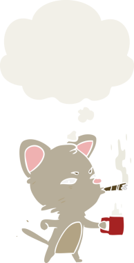 Kahve ve purolu çizgi film kedisi. Düşünce baloncuğu insan tarafından çizilmiş.