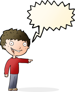 Bir insan tarafından çizilmiş konuşma balonuyla gülen mutlu çocuk çizgi filmi.