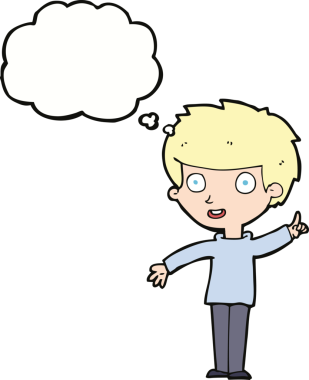 Bir insan tarafından çizilmiş düşünce baloncuğu fikri olan çizgi film çocuğu.