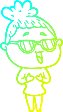 Bir insan tarafından çizilmiş gözlük takan mutlu bir kadının çizgi film çizimi.