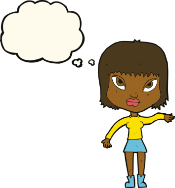 Bir insan tarafından çizilen düşünce baloncuğuyla jest yapan çizgi film kadını.