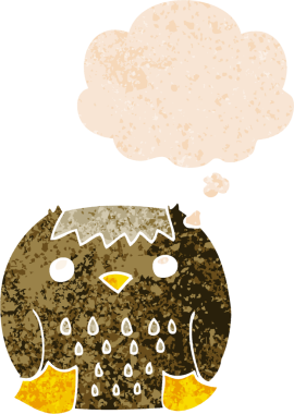 bir insan tarafından çizilmiş grunge sıkıntılı retro desenli düşünce baloncuğu ile çizgi film baykuşu