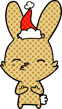 Meraklı tavşan eli, bir insan tarafından çizilmiş Noel Baba şapkasının çizgi roman çizimi.