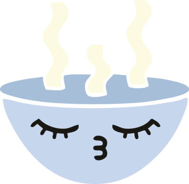 Bir insan tarafından çizilmiş sıcak çorba kasesinin düz renkli retro karikatürü