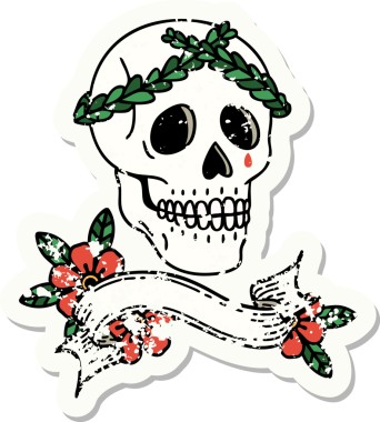 Bir insan tarafından çizilmiş defne çelengi tacı ve kafatasının bayrağı olan eski bir etiket.