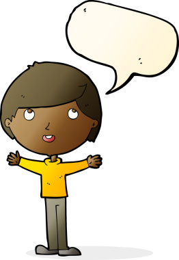 Bir insan tarafından çizilmiş konuşma balonu olan mutlu bir çocuk.