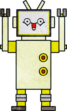 Bir insan tarafından çizilmiş mutlu bir robotun retro grunge dokusu.