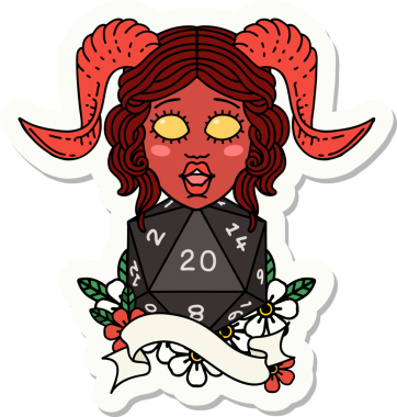 Bir insan tarafından çizilmiş doğal yirmi zarla yapıştırılmış bir etiket.