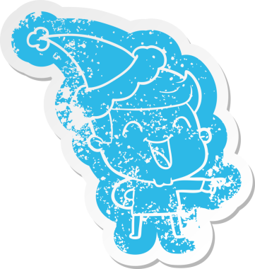 Garip bir karikatür. Bir insanın çizdiği Noel Baba şapkasıyla gülen bir adamın çıkartması.