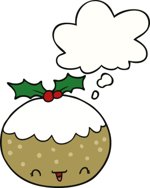 Bir insan tarafından çizilmiş düşünce baloncuklu tatlı noel pudingi.
