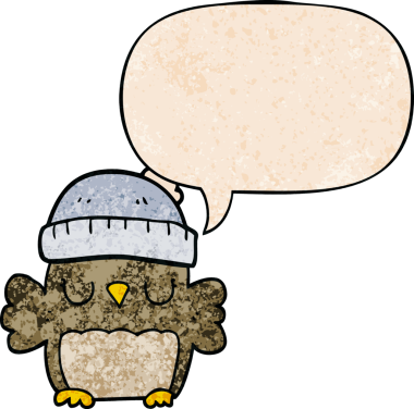 Bir insan tarafından çizilmiş eski moda konuşma baloncuğu olan şapkalı sevimli çizgi film baykuşu.