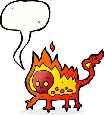 Bir insan tarafından çizilmiş konuşma balonu olan küçük ateş şeytanı çizgi filmi.